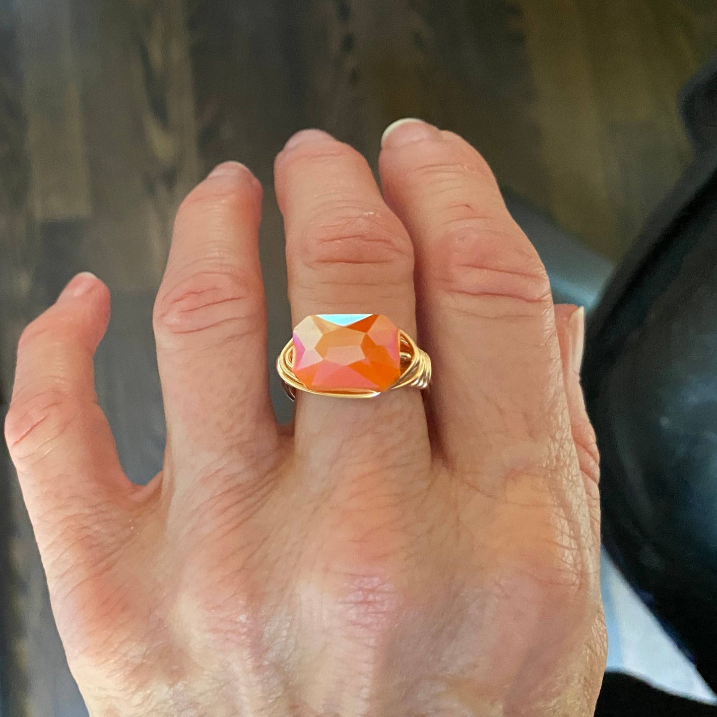 Marble Designs Jewelry - Gold Wire Wrapped Ring Faceted Orange Crystal Statement Ring: Gold / 8