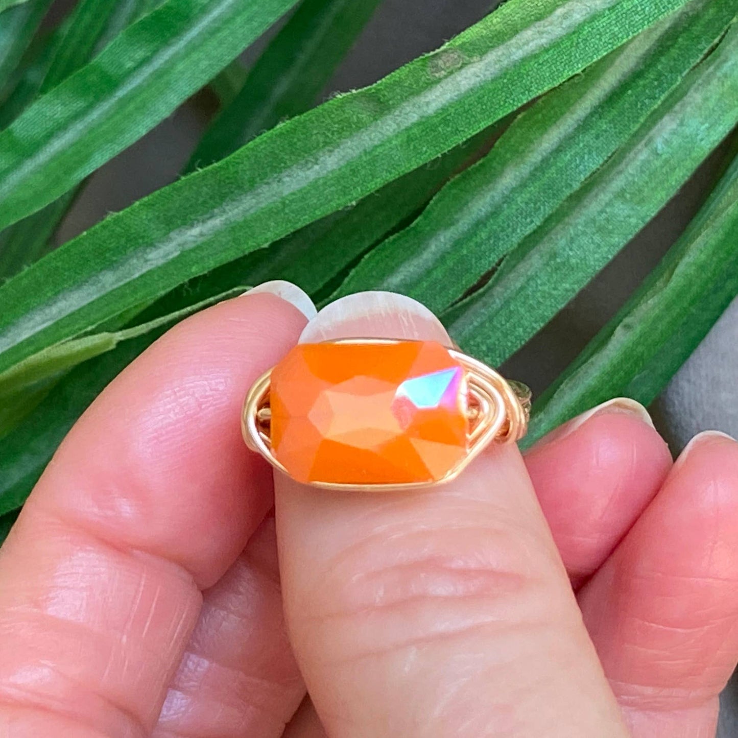Marble Designs Jewelry - Gold Wire Wrapped Ring Faceted Orange Crystal Statement Ring: Gold / 8