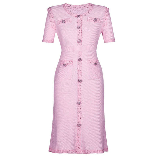 Productseeker - DR380Y Pink Knitted Beaded Short-Sleeved Dress for Women: Pink / English / M