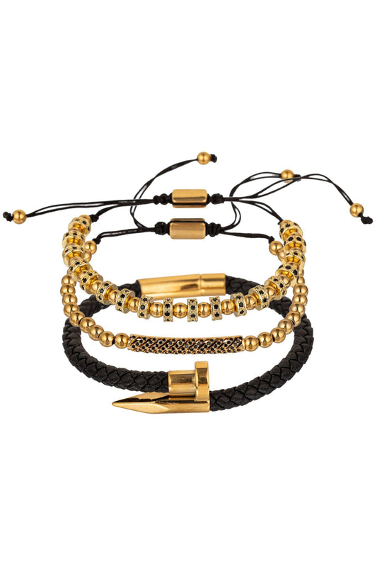 Eye Candy Los Angeles - Solomun 3 Piece Leather and Brass Beaded Bracelet Set