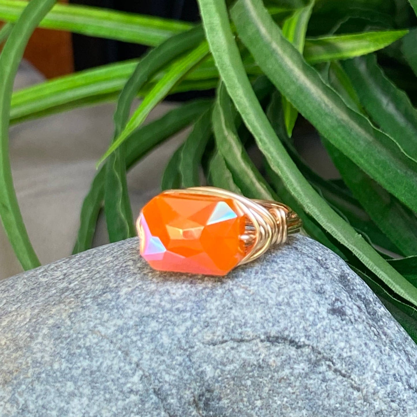 Marble Designs Jewelry - Gold Wire Wrapped Ring Faceted Orange Crystal Statement Ring: Gold / 9