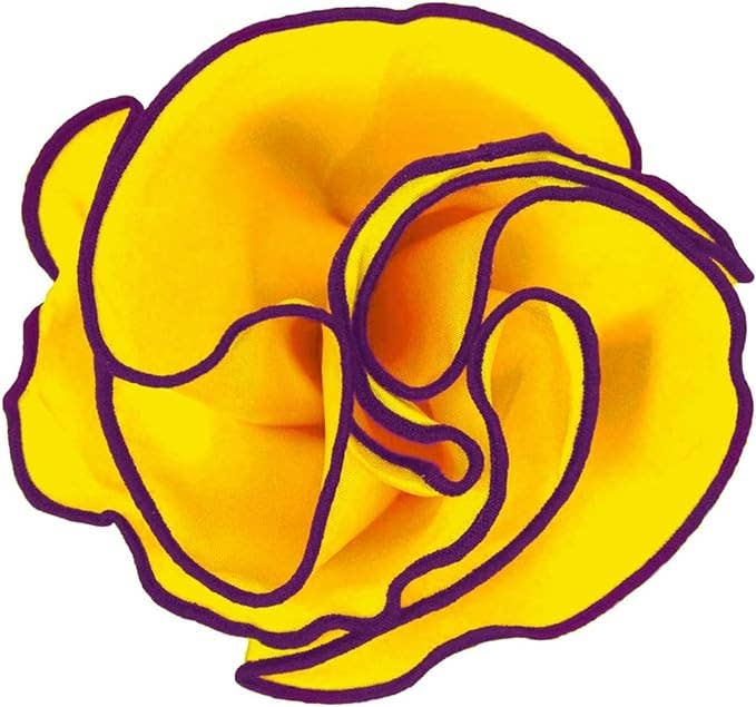 Dubal Brothers - Vittorio Farina Round Satin Pocket Square with Embroidered Piping: Yellow and Purple