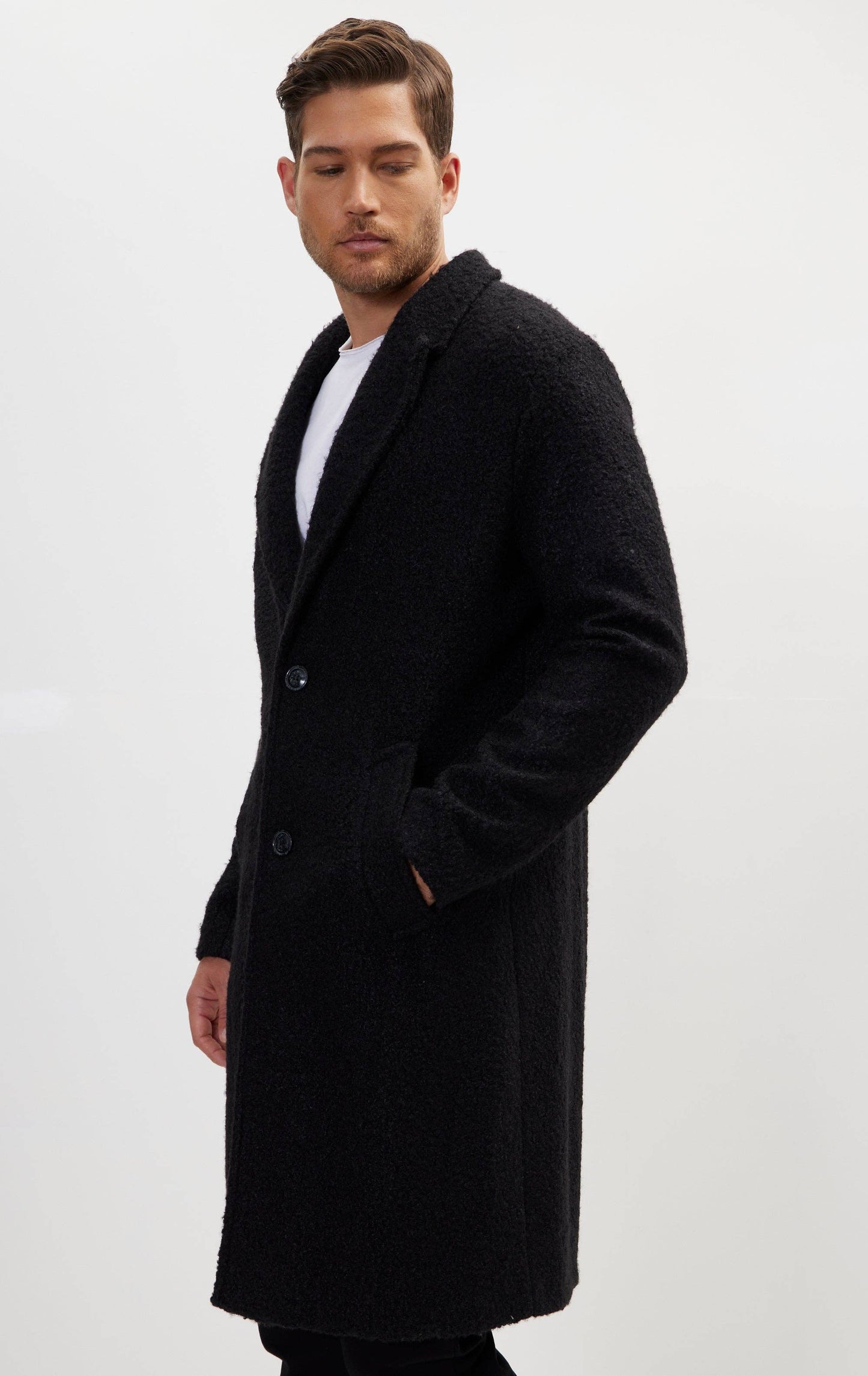 Ron Tomson - Men's Long Fitted Boucle Pea Coat With Notch Lapel - Black: BLACK / XXL (44 US)