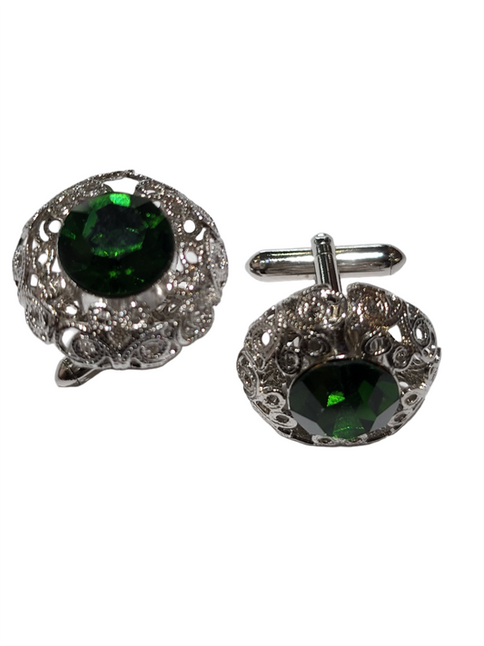 Silver Plt Filigree Emerald Green Faceted Stone Glass