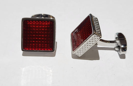 Enzone Cufflinks Silver Tn Red Enamel Grid