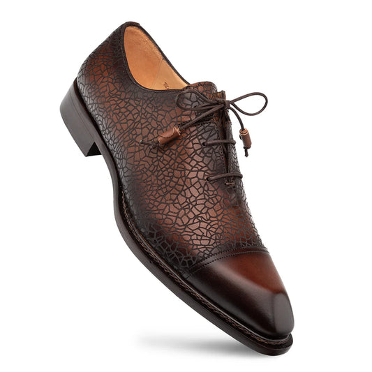 Mezlan Brown Dress Shoes Asymmetric Etched Calf Oxford Cap toe