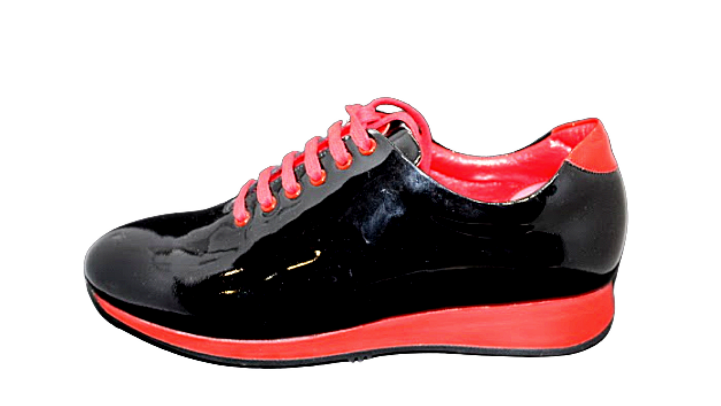 Sepol Shoes Black Patent Leather Red Accent Sneaker