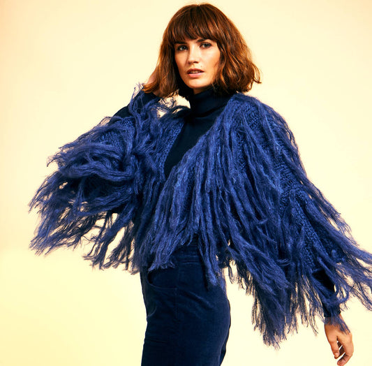 KOLUNTU - Mohair Allover Fringed Shrug: Navy