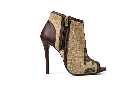 flowers & leaves - Coffee Burlap Peep Toe Ankle Boots: BROWN / 10