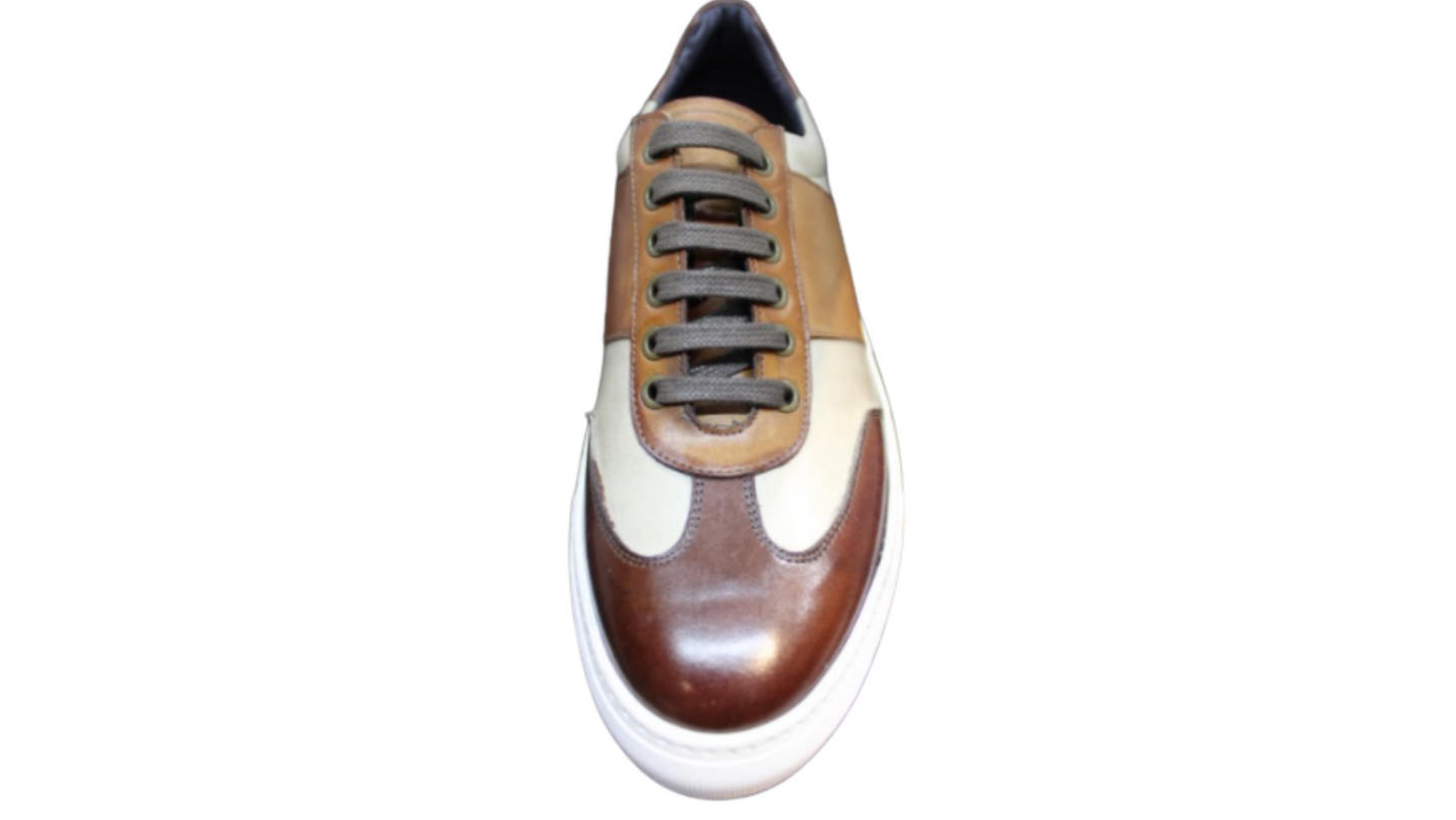 Duca Leather Brown tan Cream Patchwork Sneaker Shoe