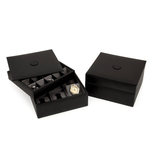 BeyBerk International - Black Leather Stacked Valet for 6 Watches and 20 Cufflinks: Black