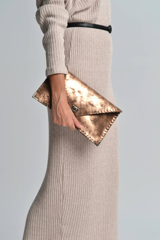 ANA KOUTSI - Symmetria leather sparkling clutch in copper