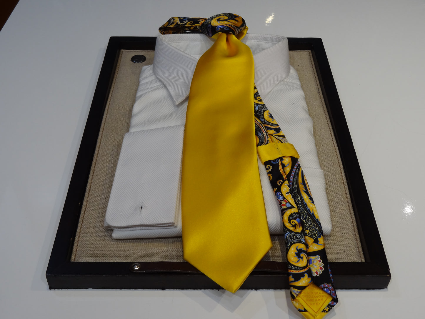 Italo Ferretti Silk Tie Contrast Knot Black Baby Blue Paisley Floral Solid Yellow