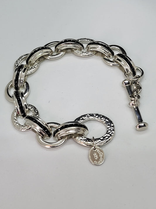 McQueens Custom .925 Hammered Sterling Silver Bracelet Black Spinel Inlay 9"