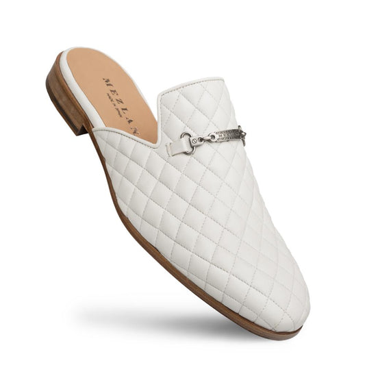 Mezlan 9980 S111 Men's Shoes White Quilted Calf-Skin Leather Mule Sandals (MZ3365)