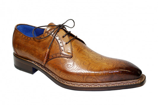 Duca cognac brown hand tooled etched whip stitch shoe