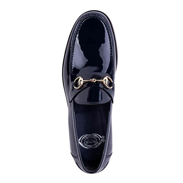 Sepol Shoes Navy Blue Patent Leather  Gold Horseshoe Bit Loafer