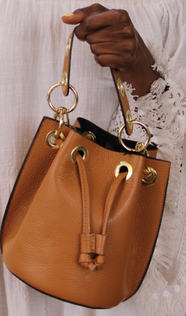 GF  Cognac  Leather Bucket Bag  with 2 straps Grommet Top Handle/crossbody