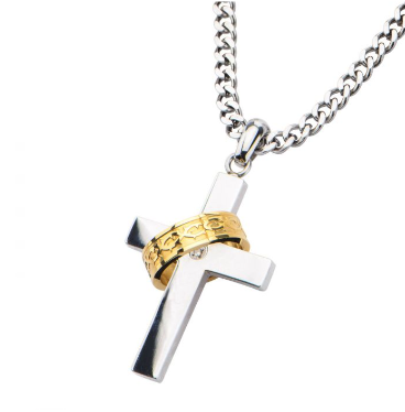 Gold Plated Ring in Steel Cross Pendant with Chain