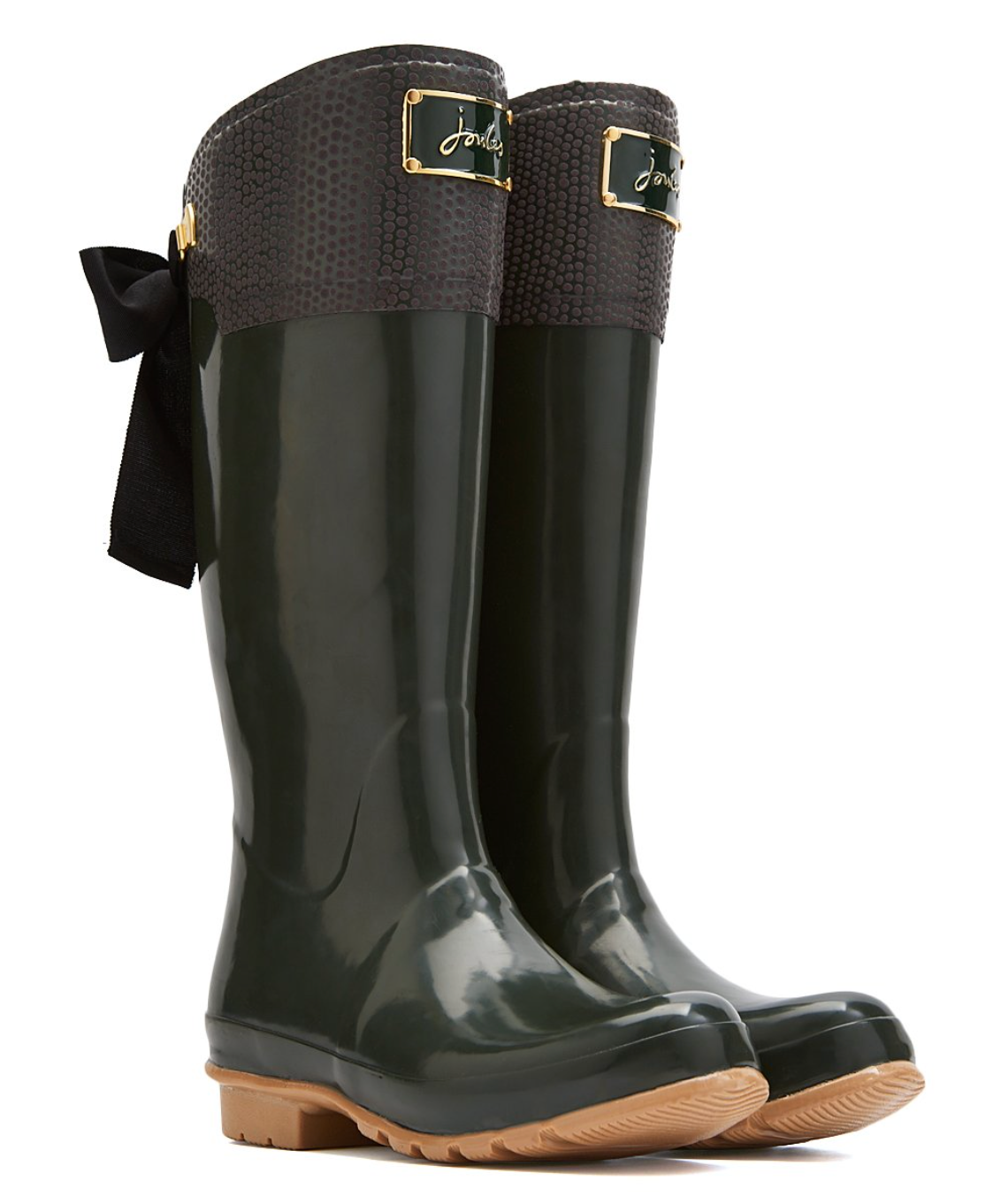 Joules Tall rainboots Black w gold Bow and burgundy Cap
