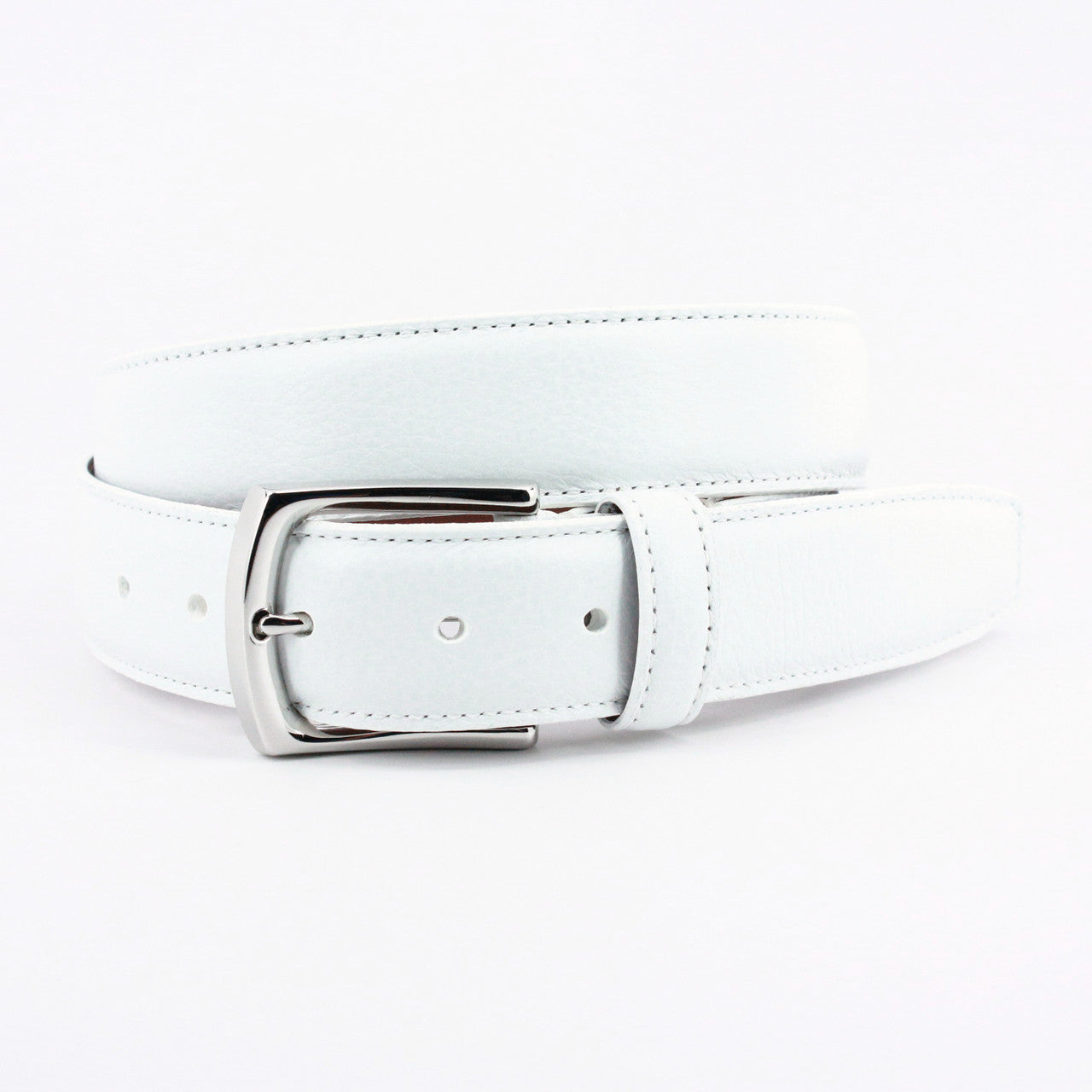 Torino White Leather Belt Polished Silver Buckle