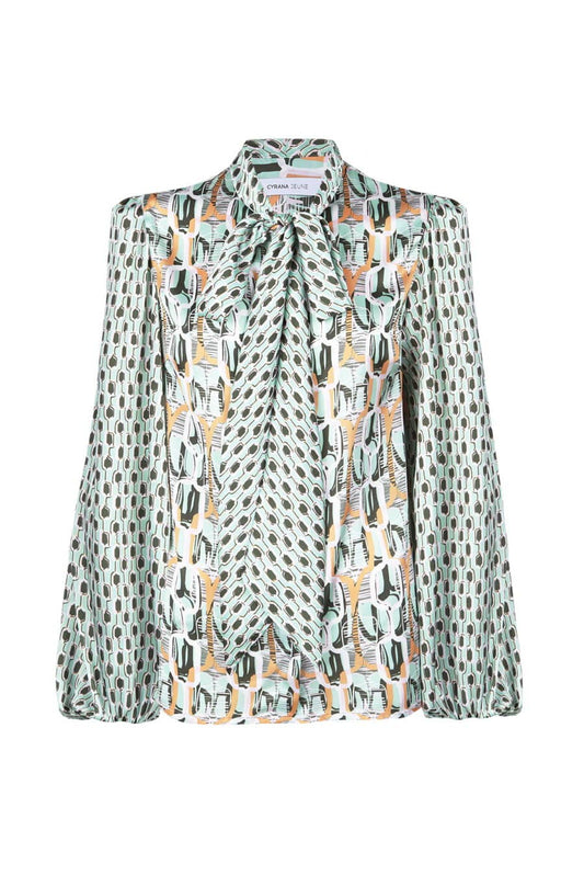 MARINE GEOMETRIC PRINT PUSSY BOW TOP