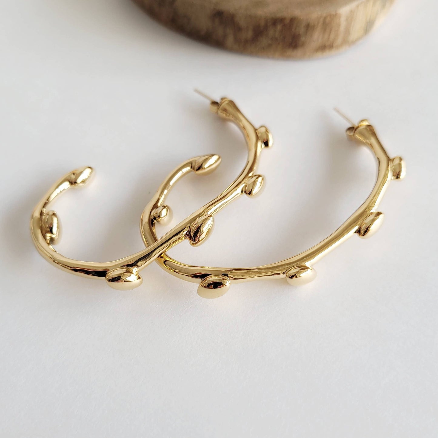 Gold plated large hoop organic free-form earrings