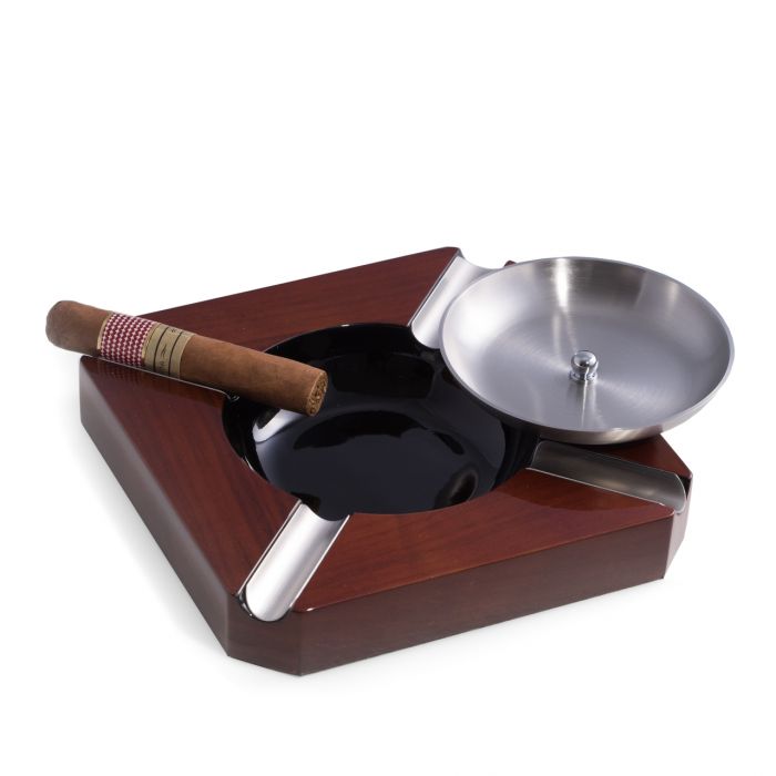 Lacquered "Walnut" Wood Four Cigar Ashtray with Removable Stainless Steel Center.
