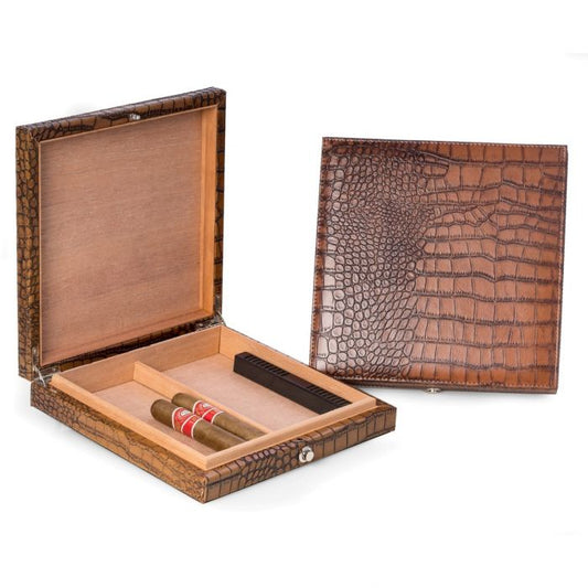 Brown "Croco" Leather 12 Cigar Humidor with Spanish Cedar Lining and Humidistat.
