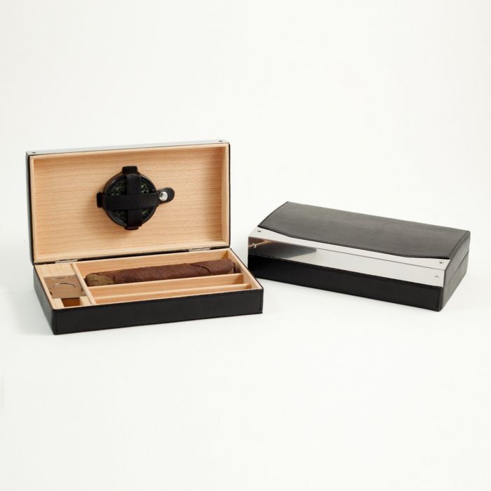 Black Leather 4 Cigar Humidor with Stainless Steel Cutter and Humidistat.