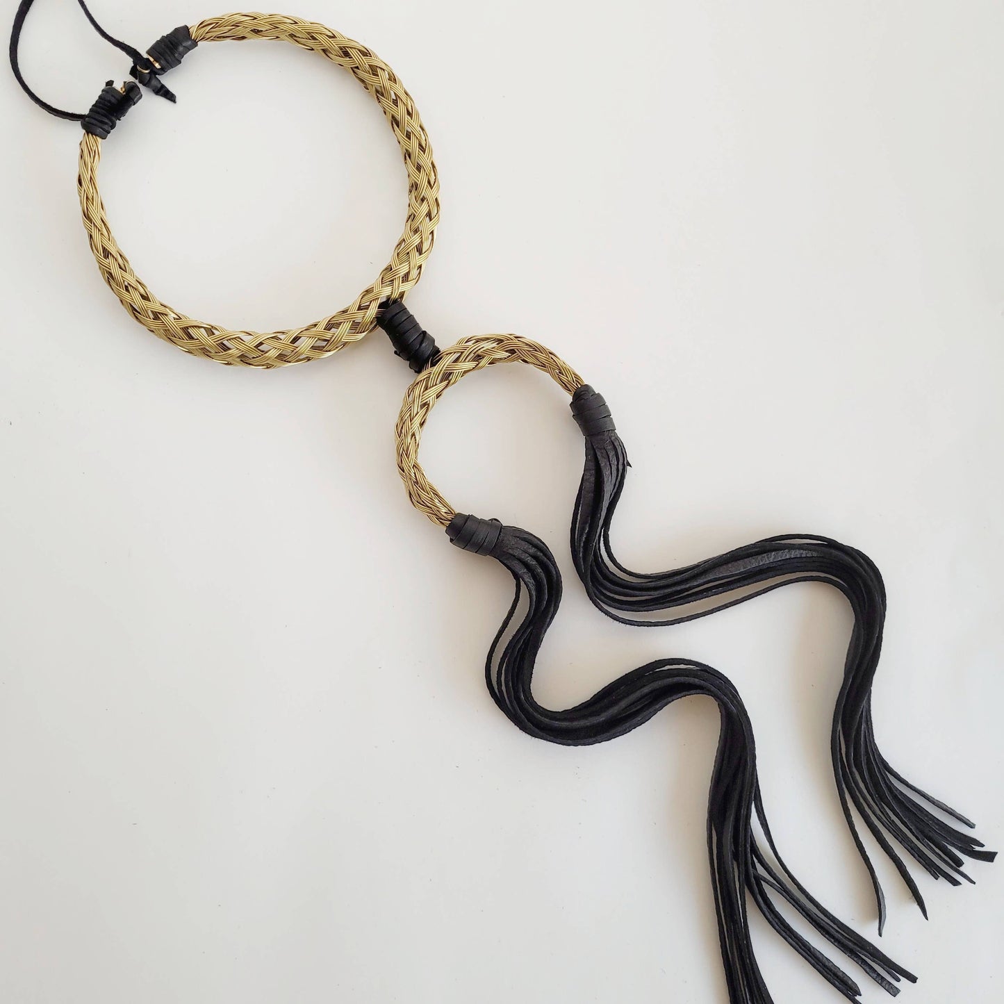 Braided brass bold collar leather tassel fringe necklace