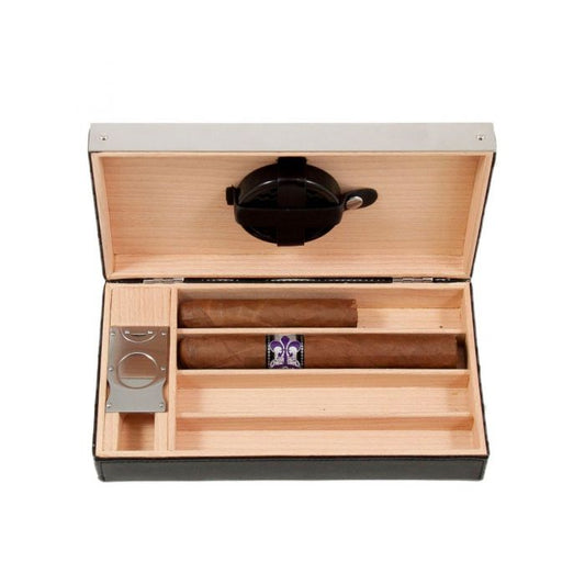 Black Leather 4 Cigar Humidor with Stainless Steel Cutter and Humidistat.