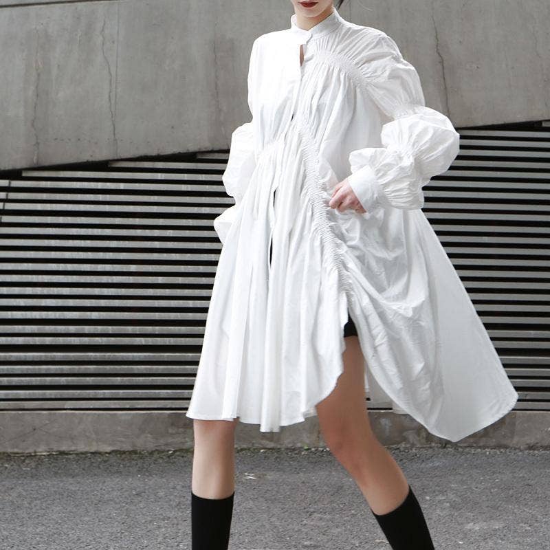 Hotaru Long Sleeve Pleated Shirt Dress - White