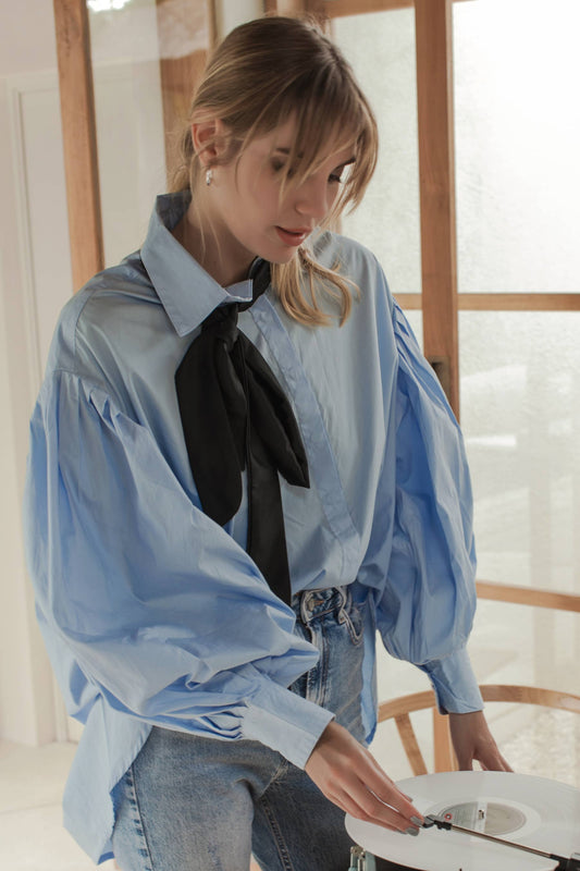 Merci Balloon Sleeve Oversized Shirt - Blue