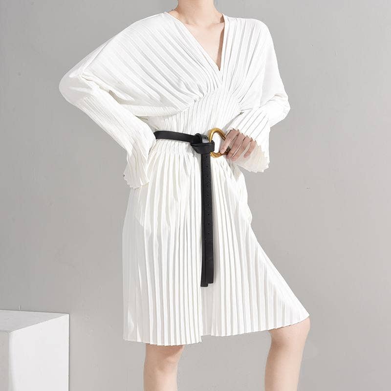 Sakiya Pleated Long Sleeve Shirt Dress - White
