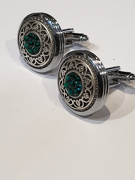 Emerald Green Gem Stone Austrian Crystal Filigree Bezel Shirt Cufflinks