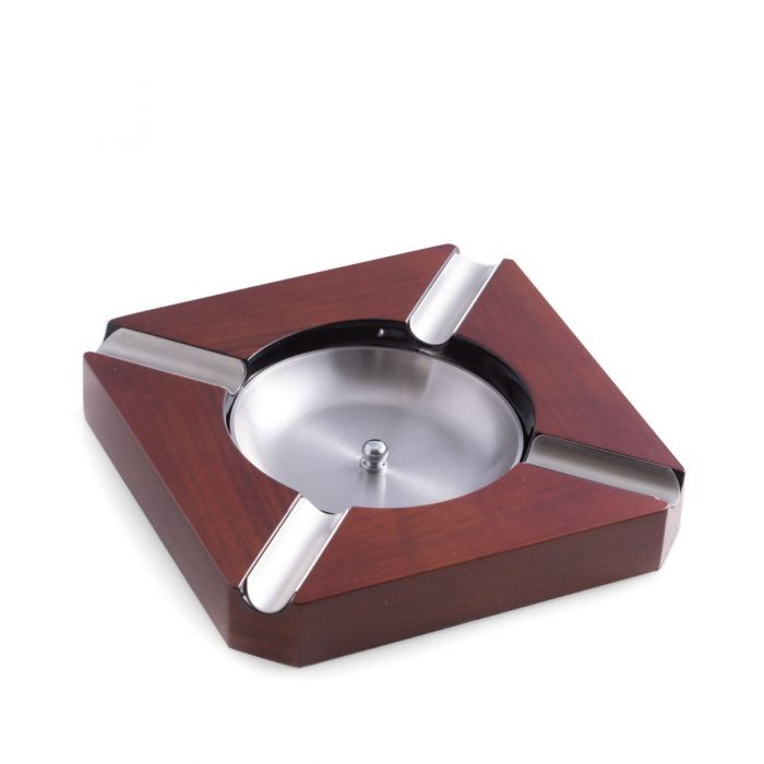 Lacquered "Walnut" Wood Four Cigar Ashtray with Removable Stainless Steel Center.