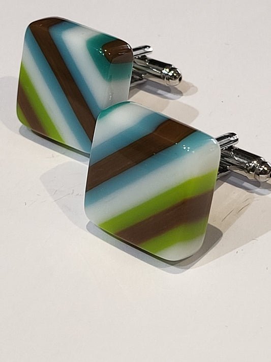 Custom Hand Blown Glass Shirt Cufflinks Brown Apple Green White Turquoise Stripe