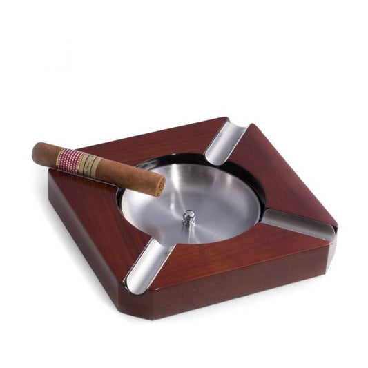 Lacquered "Walnut" Wood Four Cigar Ashtray with Removable Stainless Steel Center.