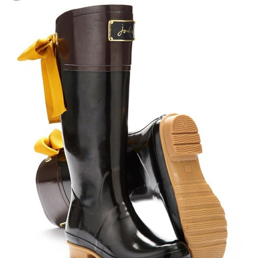 Joules Tall rainboots Black w gold Bow and burgundy Cap