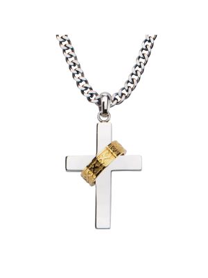 Gold Plated Ring in Steel Cross Pendant with Chain