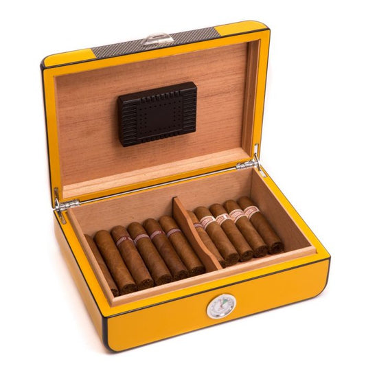 "Carbon Fiber" & Yellow Lacquered Wood 25 Cigar Humidor